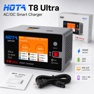 Зарядное устройство HOTA T8 Ultra (T2008K Ultra) — AC/DC 300W/650W, 1 канал, до 22A, LiPo/LiHV/LiFe/Li-Ion 1–8S, IPS 2.8", GaN+SiC